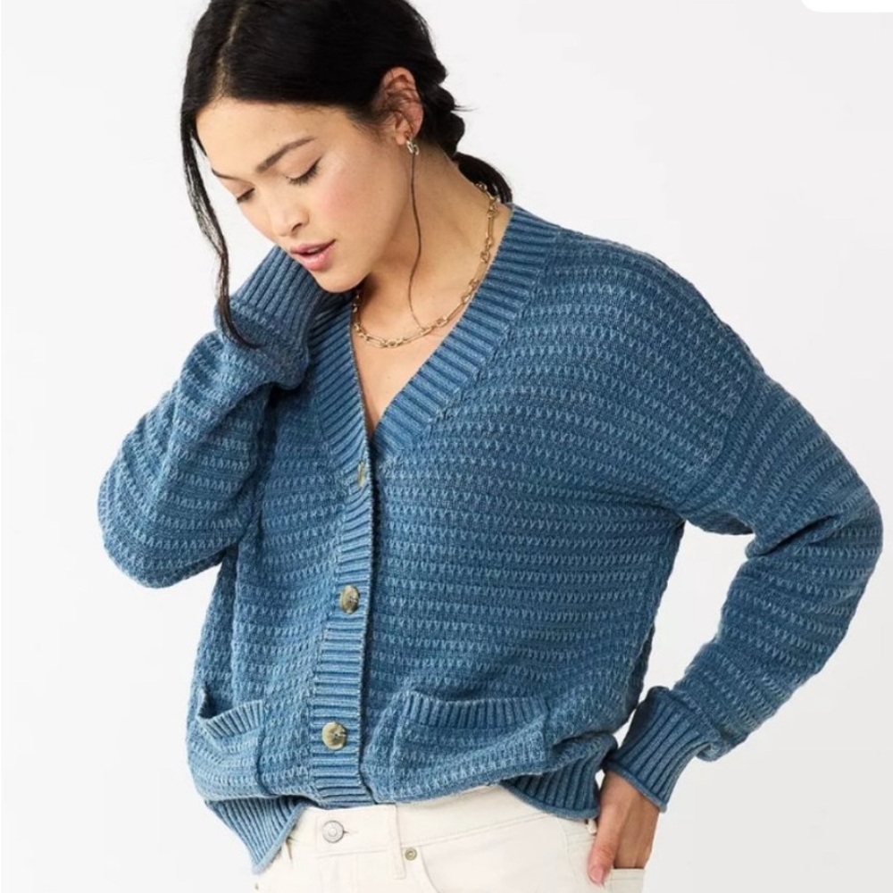 Sonoma Blue Ribbed Cardigan Button Down Sweater 2 Front Pockets‎ Size Small